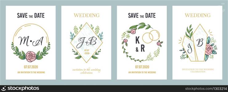 Wedding posters. Luxury invitation card template with floral monograms and minimalist design elements. Vector illustration modern pastel banners invites on holiday. Wedding posters. Luxury invitation card template with floral monograms and minimalist design elements. Vector modern banners