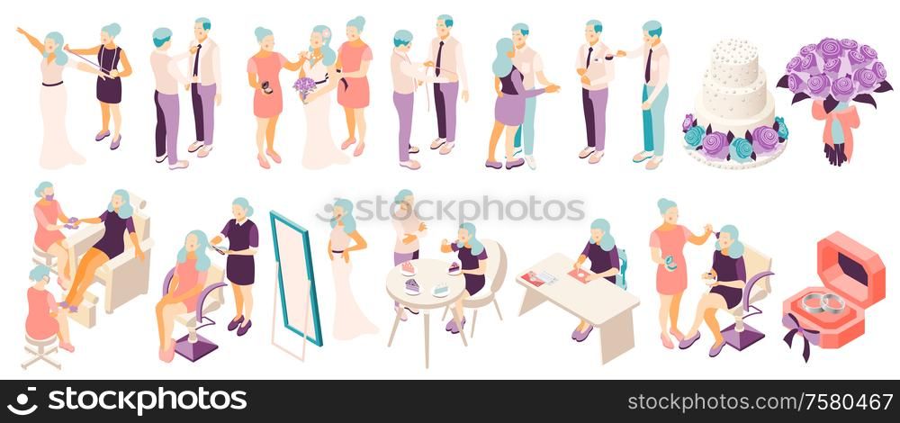 Wedding preparations recolor icons with bride and groom in tailor shop barbershop manicure salon isometric vector illustration
