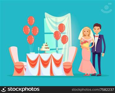 Wedding reception at restaurant vector, bride and groom by table with served cake of strawberries. Balloons and veil on window, marriage of people. Wedding Reception at Restaurant, Bride and Groom