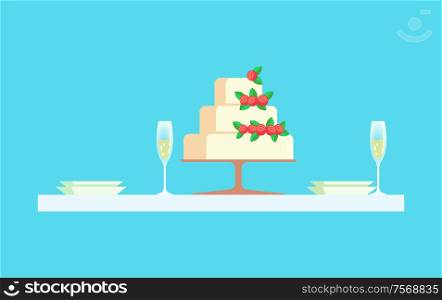 Wedding reception at restaurant vector, cake with berries. Glasses with champagne, empty plates dessert with cream, layers of baked biscuit with decoration. Wedding Reception at Restaurant, Cake with Berries