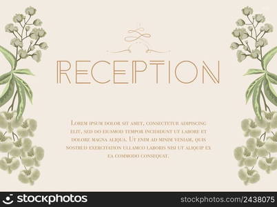 Wedding reception card design with iris and lily of valley. Text can be used for invitation cards, postcards, save the date templates