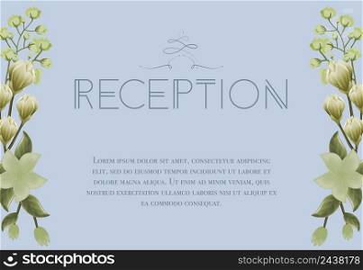 Wedding reception card design with snowdrops and lily on blue background. Text can be used for invitation cards, postcards, save the date templates
