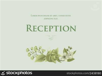 Wedding reception card template with blossom, rose and lily of valley on light green background. Text can be used for invitation cards, postcards, save the date design