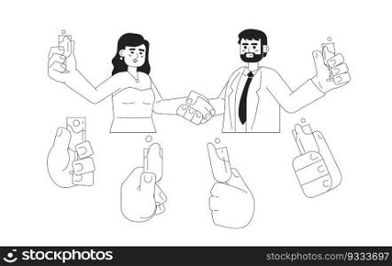 Wedding reception monochrome concept vector spot illustration. Bride and groom 2D flat bw cartoon characters for web UI design. Congratulation. Engagement party isolated editable hand drawn hero image. Wedding reception monochrome concept vector spot illustration