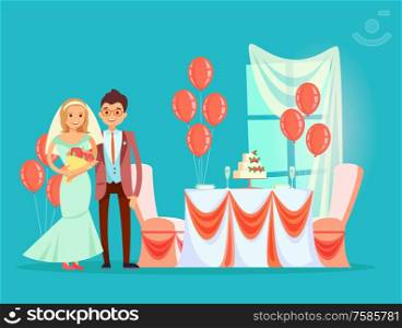 Wedding reception vector, marriage celebration of couple in restaurant. Bride and groom with flower bouquet, cake dessert with strawberries cream. Wedding Reception, Marriage Celebration of Couple