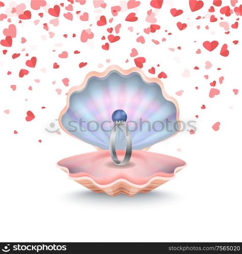Wedding ring in conch, marriage postcard. Bridal circle with diamond in 3D style in shell, card decorated by hearts. Making proposal to marry vector. Wedding Ring in Conch, Marriage Postcard Vector