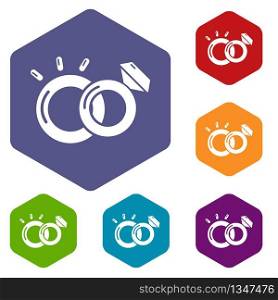 Wedding rings icons vector colorful hexahedron set collection isolated on white. Wedding rings icons vector hexahedron