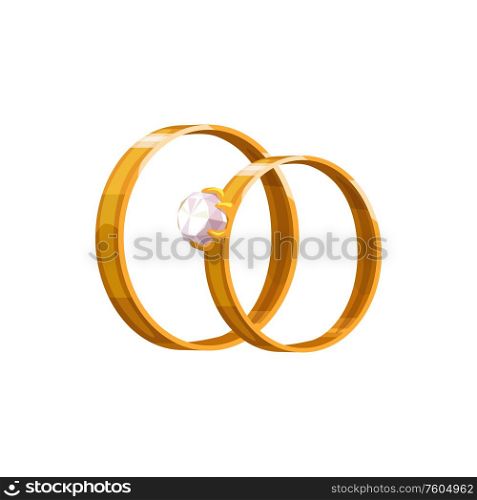 Wedding rings, Valentine day and RSVP party symbol. Vector isolated bride and bridegroom golden wedding rings with diamond. Valentine day, golden wedding rings with diamond