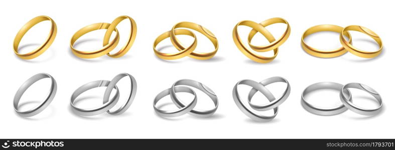 Wedding rings. White and yellow metal jewelry, married couple accessories one and pair from different sides, gold, silver or platinum ceremonial engagement glossy ring. Vector realistic isolated set. Wedding rings. White and yellow metal jewelry, married couple accessories one and pair, gold, silver or platinum ceremonial engagement glossy ring. Vector realistic isolated set