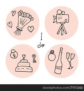 Wedding round badges set. Holiday elements in doodle style. Vector illustration.