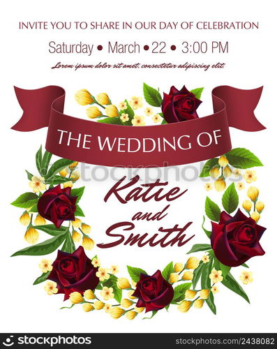 Wedding save the date design with roses, yellow floral wreath and maroon ribbon. Text can be used for invitation cards, postcards, announcements