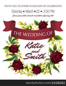 Wedding save the date design with roses, yellow floral wreath and maroon ribbon. Text can be used for invitation cards, postcards, announcements