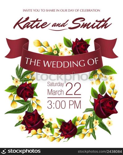 Wedding save the date design with yellow floral wreath, red roses and maroon ribbon. Text can be used for invitation cards, postcards, announcements