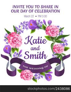 Wedding save the date template with peonies, snowdrops, floral wreath and violet ribbon. Text can be used for invitation cards, postcards, announcements