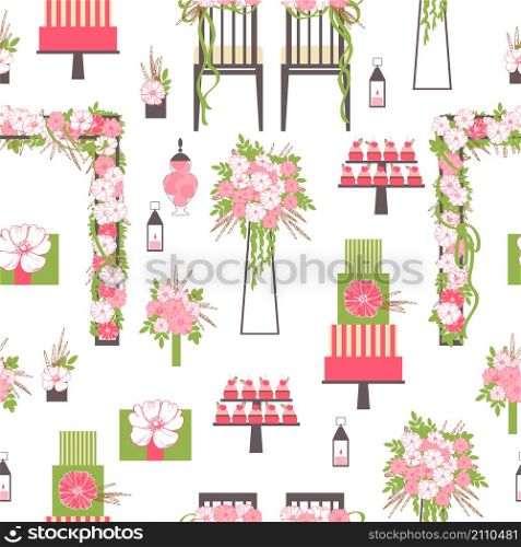 Wedding seamless pattern. Chairs, arch, cake, flowers, sweets.. Wedding seamless pattern.