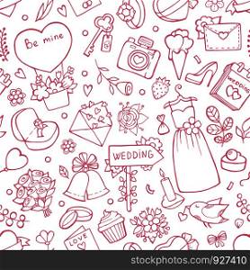 Wedding seamless pattern. Vector background with wedding symbols. Background love marriage, bouquet and heart illustration. Wedding seamless pattern. Vector background with wedding symbols