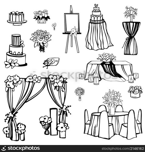 Wedding set. Flowers, cake, decoration for tables, bridal bouquet. Vector sketch illustration.. Wedding set. Flowers, cake, decoration for tables, bridal bouquet.