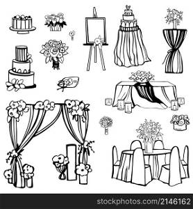 Wedding set. Flowers, cake, decoration for tables, bridal bouquet. Vector sketch illustration.. Wedding set. Flowers, cake, decoration for tables, bridal bouquet.