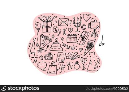 Wedding set. Holiday elements in doodle style. Vector conceptual illustration.