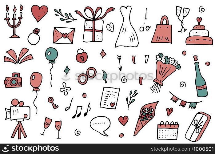 Wedding set. Holiday elements in doodle style. Vector illustration.