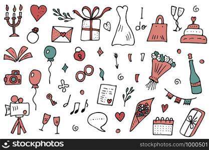 Wedding set. Holiday elements in doodle style. Vector illustration.