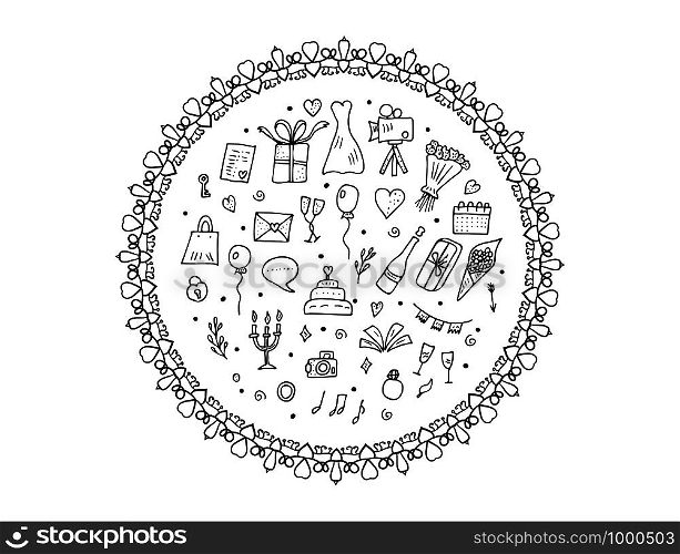 Wedding set round composition. Holiday elements in doodle style with vintage wreath. Vector black and white design illustration.