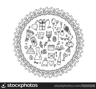 Wedding set round composition. Holiday elements in doodle style with vintage wreath. Vector illustration.