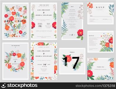 Wedding set with floral background. Colorful invitation, cards, menu for designs. Vector illustration.. Wedding set with floral background. Colorful invitation, cards,