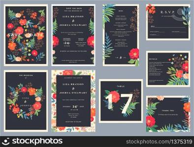 Wedding set with floral background. Colorful invitation, cards, menu for designs. Vector illustration.. Wedding set with floral background. Colorful invitation, cards,