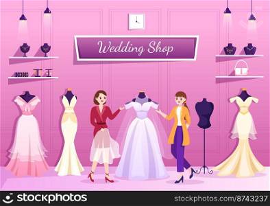 Wedding Shop with Jewelry, Beautiful Bride Gowns and Accessories Suitable for Poster in Flat Cartoon Hand Drawn Template Illustration