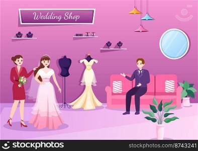 Wedding Shop with Jewelry, Beautiful Bride Gowns and Accessories Suitable for Poster in Flat Cartoon Hand Drawn Template Illustration