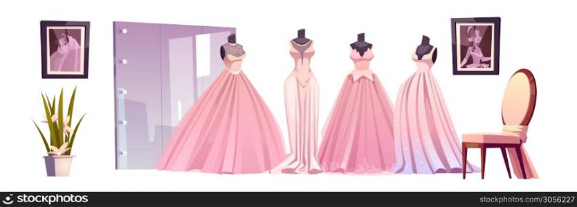 Wedding shop with luxury bride dresses, big mirror and chair. Vector cartoon set of bridal boutique interior, mannequins with female gowns, posters and flowers isolated on white background. Luxury bride dresses in wedding shop