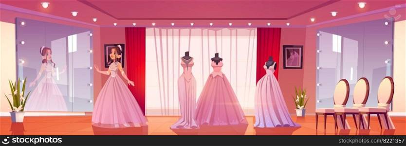 Wedding shore with woman fitting bride dress. Vector cartoon interior of bridal boutique with mannequins with luxury female gowns, big mirrors, chairs and girl in pink dress. Wedding shore with woman fitting bride dress