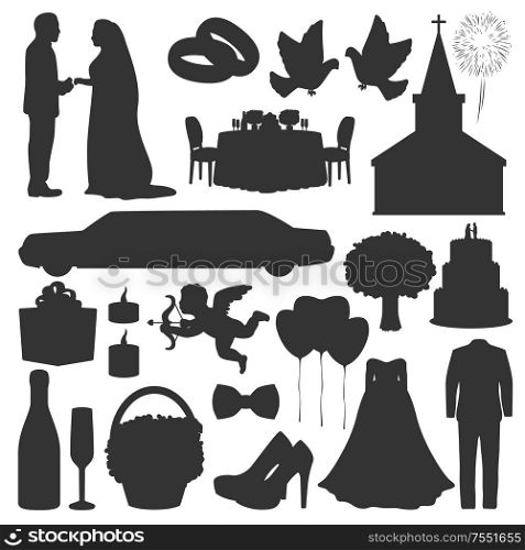 Wedding silhouette icons of wedding rings, bride and bridegroom at church, dove and angel. Vector marriage ceremony organization, cakes and champagne, dress and flowers bouquet, tuxedo bow and gifts. Wedding, love, marriage ceremony silhouette icons