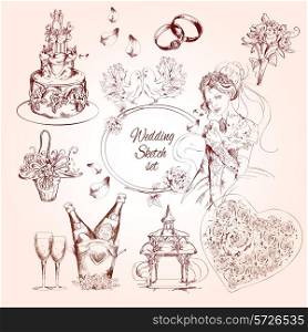 Wedding sketch set with cake champagne bride flowers rings isolated vector illustration