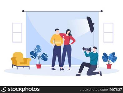 Wedding Studio Photo Flat Design. Photographer Shooting Model Man and Women with a Wedding Theme or Bridal Couple use Camera in Cartoon Style Vector Illustration