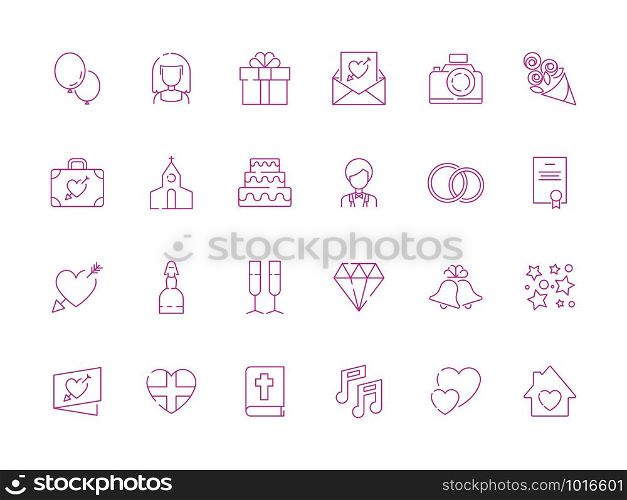 Wedding symbols. Love couple cakes photography camera gifts items for happy wedding day celebration vector thin line icon collection. Wedding celebration icons set, marriage linear illustration. Wedding symbols. Love couple cakes photography camera gifts items for happy wedding day celebration vector thin line icon collection