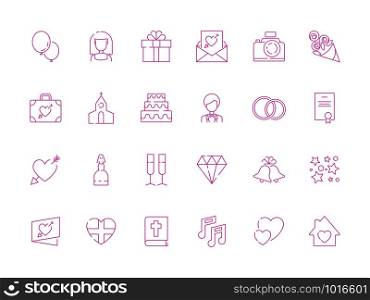Wedding symbols. Love couple cakes photography camera gifts items for happy wedding day celebration vector thin line icon collection. Wedding celebration icons set, marriage linear illustration. Wedding symbols. Love couple cakes photography camera gifts items for happy wedding day celebration vector thin line icon collection
