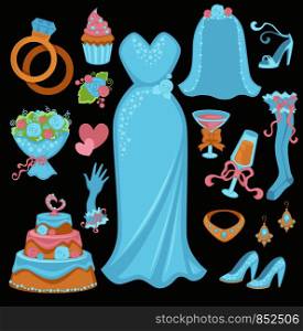 Wedding traditional attributes in blue colors set. Bridal rings, elegant gown, luxurious jewelry, stylish accessories, tender bouquet, glasses of champagne and delicious cake vector illustrations.. Wedding traditional attributes in light blue colors set