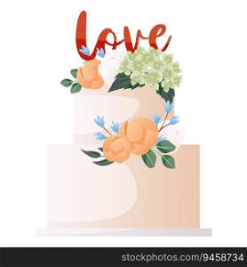 Wedding two-tiered white cake with flowers, leaves and love sign. Bridal arrangements, botanical dessert. Wedding day accessories, decorations. Celebrate marriage, save the date ceremony. Vector