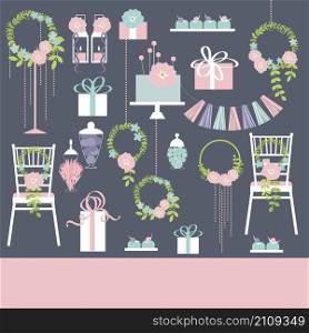 Wedding vector background. Chairs, cake, flowers, sweets.. Wedding vector background.