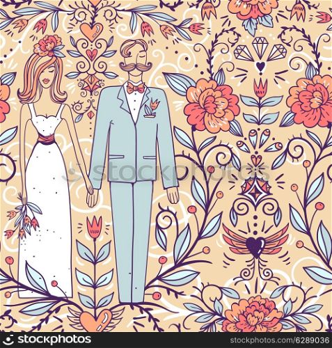 wedding vector floral seamless pattern with pretty bride and groom