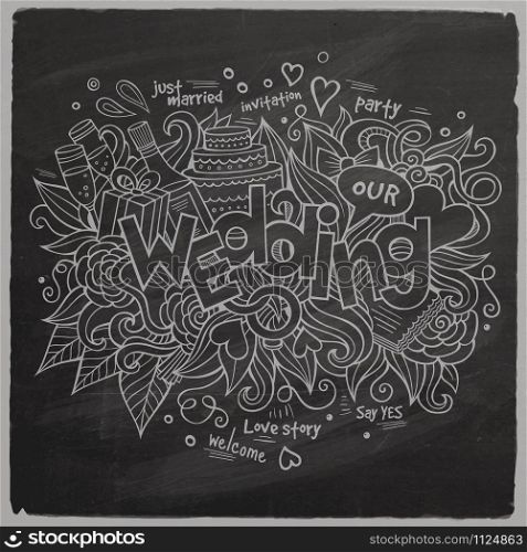Wedding Vector hand lettering and doodles elements chalkboard background. Wedding Vector hand lettering and doodles elements