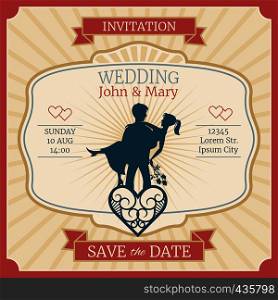 Wedding vector invitation card with just married bride and groom silhouettes. Illustration of invitation wedding card. Wedding vector invitation card with just married bride and groom silhouettes