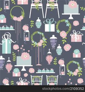 Wedding vector seamless pattern. Chairs, cake, flowers, gifts, sweets.. Wedding pattern.