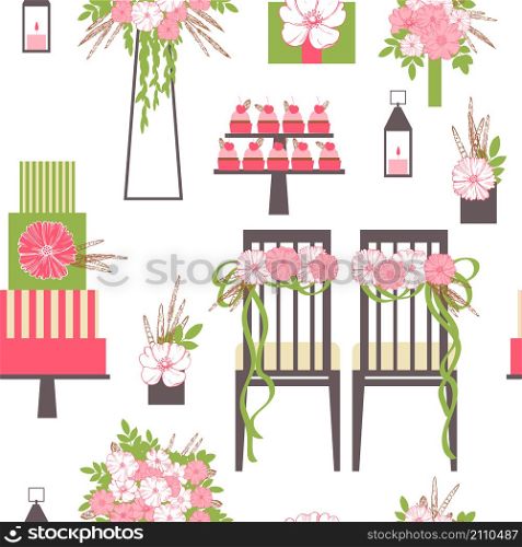 Wedding vector seamless pattern. Chairs, cake, flowers,lanterns.. Wedding vector seamless pattern.