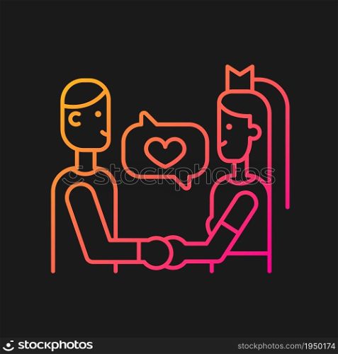 Wedding vows gradient vector icon for dark theme. Couple promising love to each other. Bride and groom. Thin line color symbol. Modern style pictogram. Vector isolated outline drawing. Wedding vows gradient vector icon for dark theme