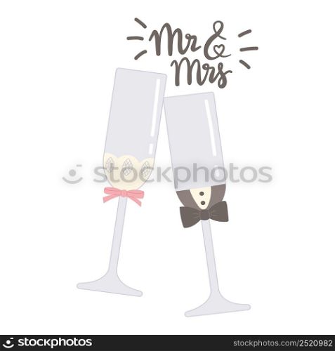 Wedding wineglass mr mrs flat vector illustration