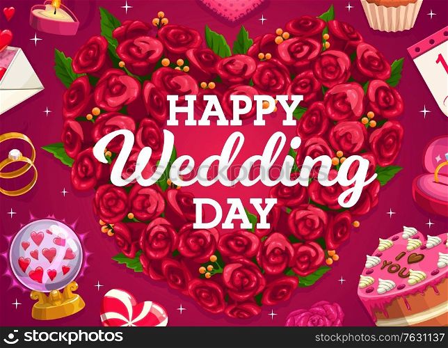 Wedding wreath, cake and love heart of flowers, vector bride and groom marriage party golden rings. Wedding cake and floral bouquet, love message and heart lollipop, crystal ball and gifts. Wedding wreath, cake and love heart of flowers