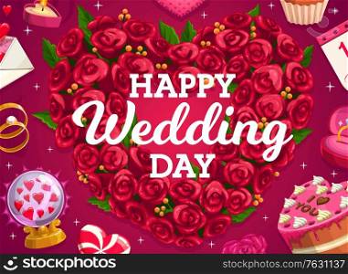 Wedding wreath, cake and love heart of flowers, vector bride and groom marriage party golden rings. Wedding cake and floral bouquet, love message and heart lollipop, crystal ball and gifts. Wedding wreath, cake and love heart of flowers
